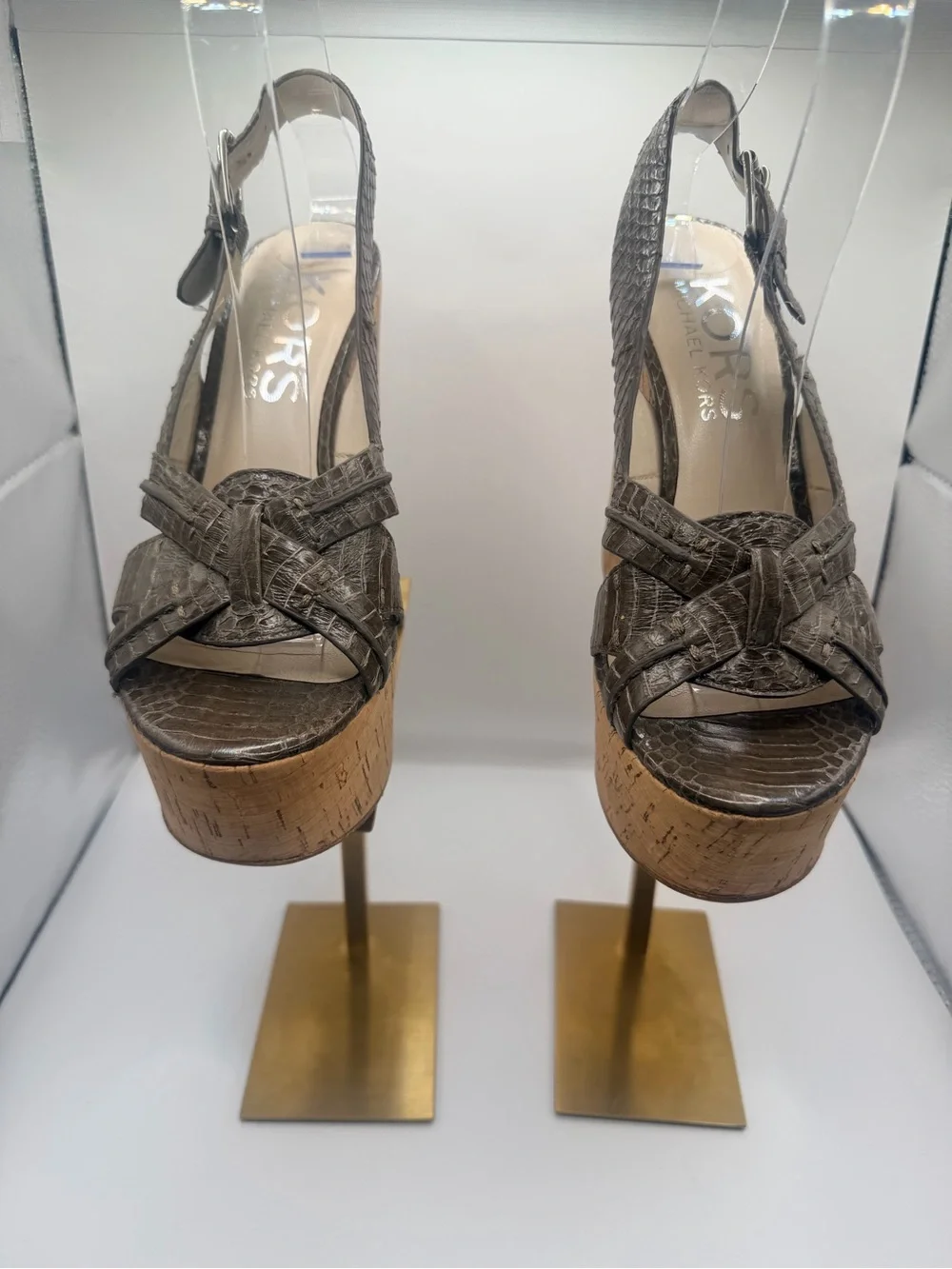 Michael Kors Taupe Textured Leather Cork Platform Slingbacks